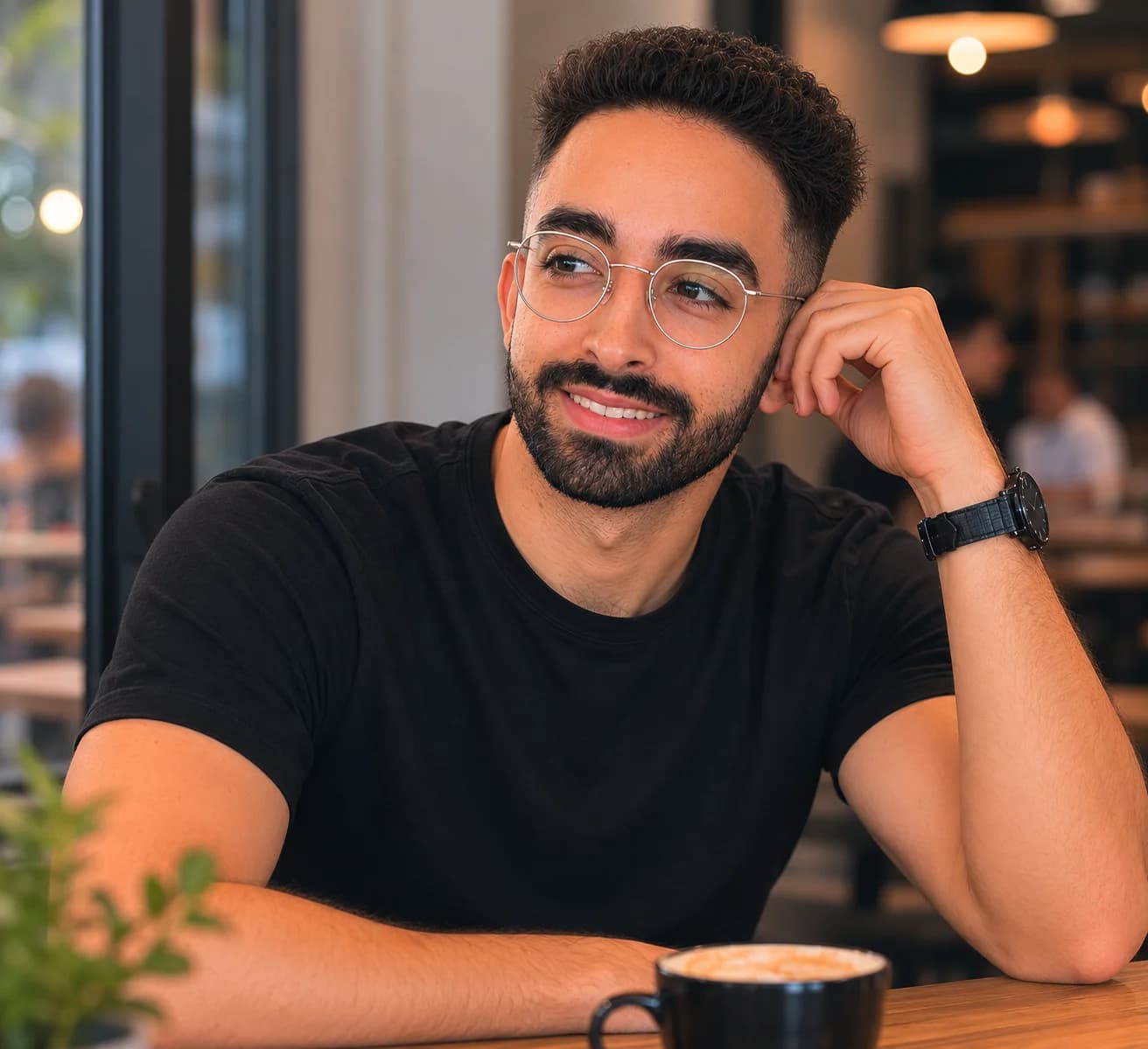 Daniel sitzt entspannt in einem Café, offen für ein Gespräch